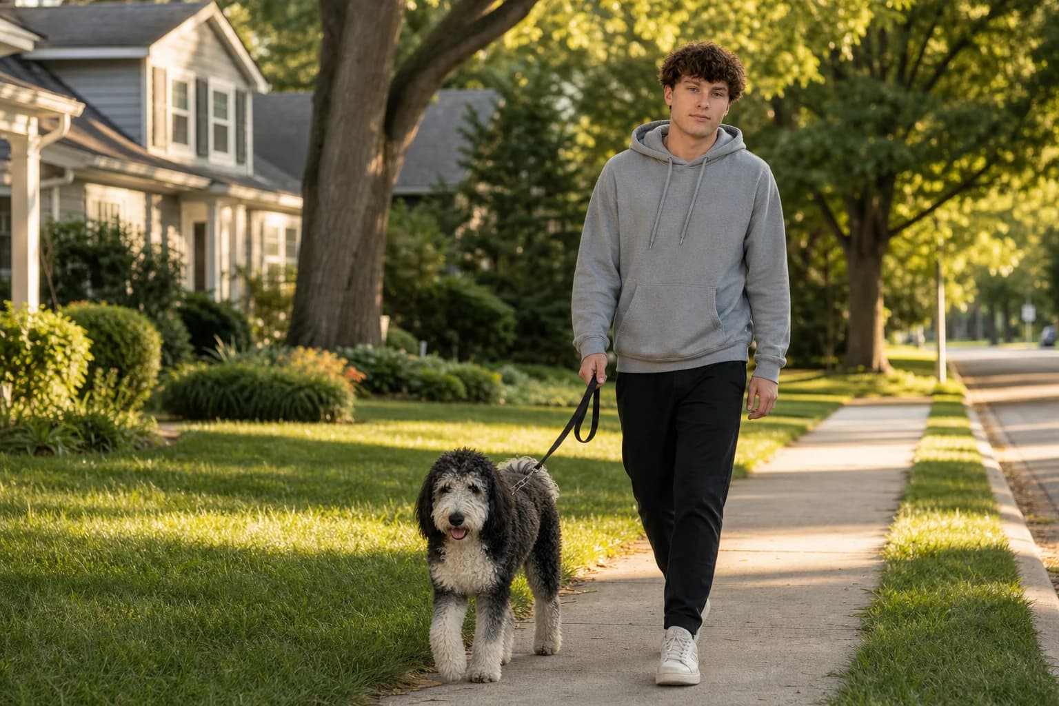 Drew walking his dog through a leafy neighborhood