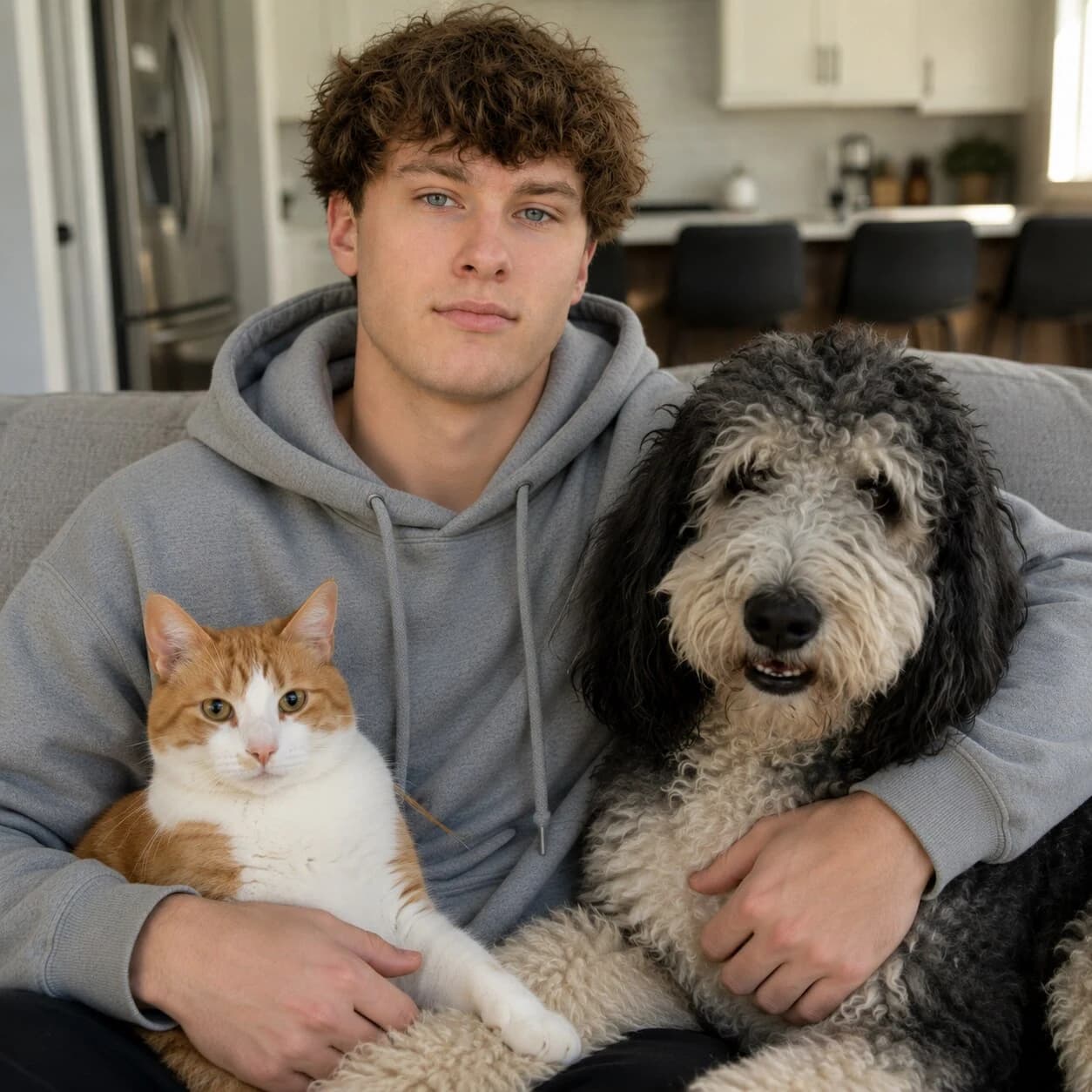 Drew sitting at home with his dog and cat