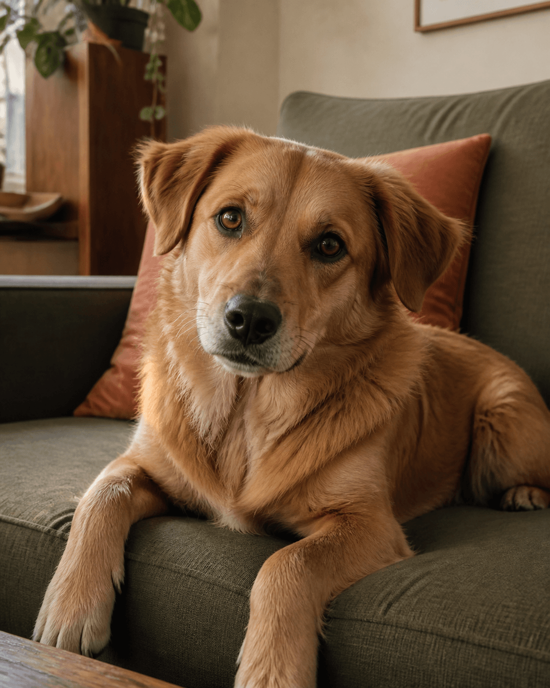 A relaxed dog resting at home
