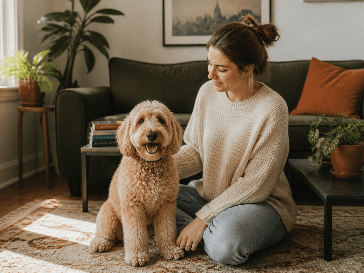 A pet sitter spending time with a dog in a leafy neighborhood